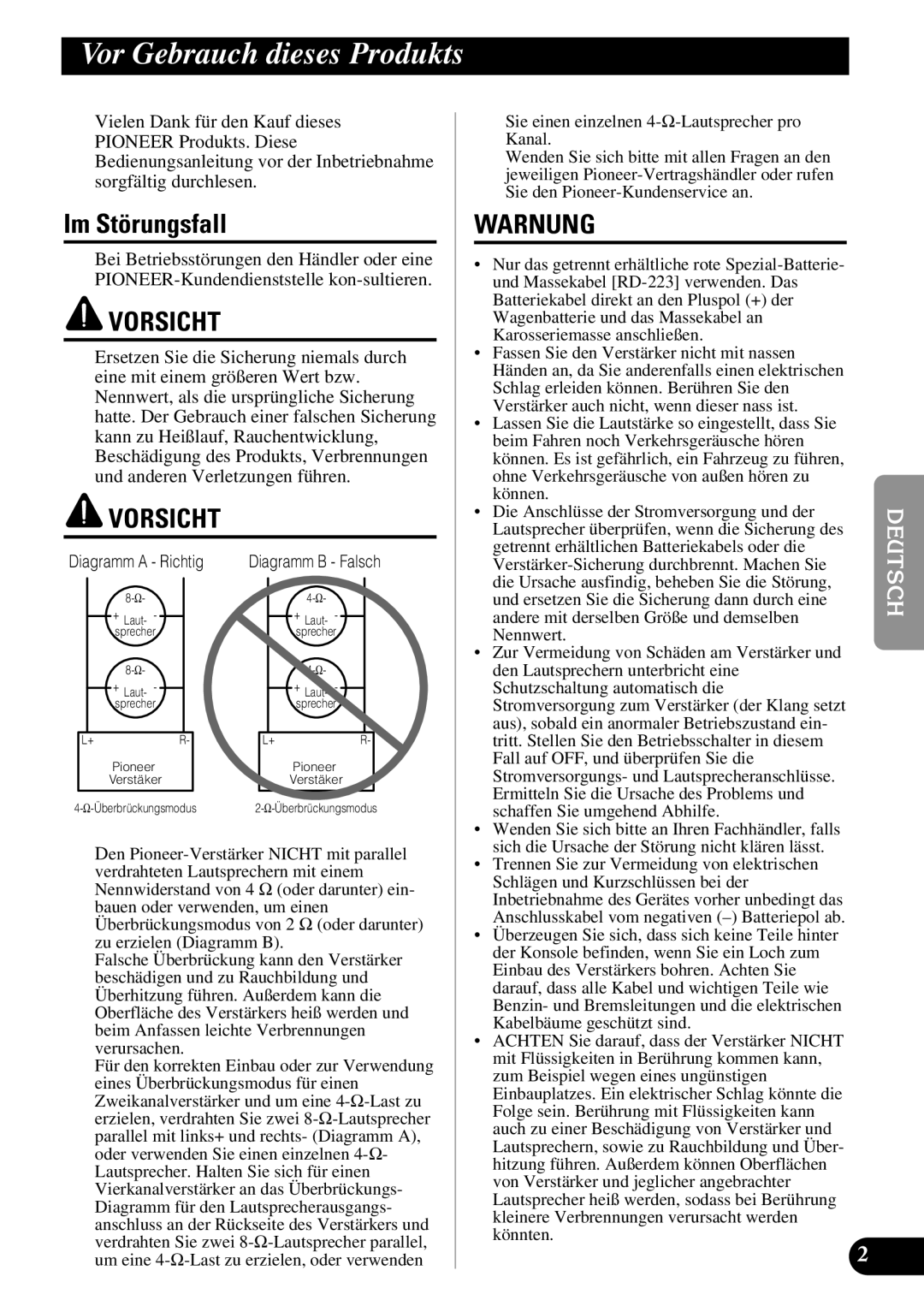 Pioneer PRS-A500 owner manual Vor Gebrauch dieses Produkts, Im Störungsfall, Sie einen einzelnen 4-Ω-Lautsprecher pro Kanal 