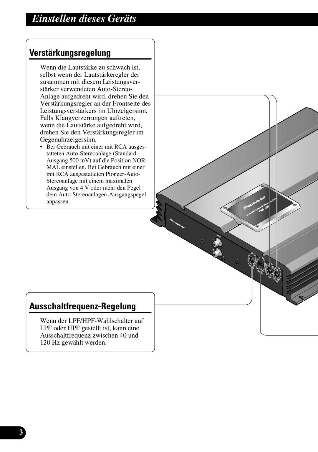 Pioneer PRS-A500 owner manual Einstellen dieses Geräts, Verstärkungsregelung, Ausschaltfrequenz-Regelung 