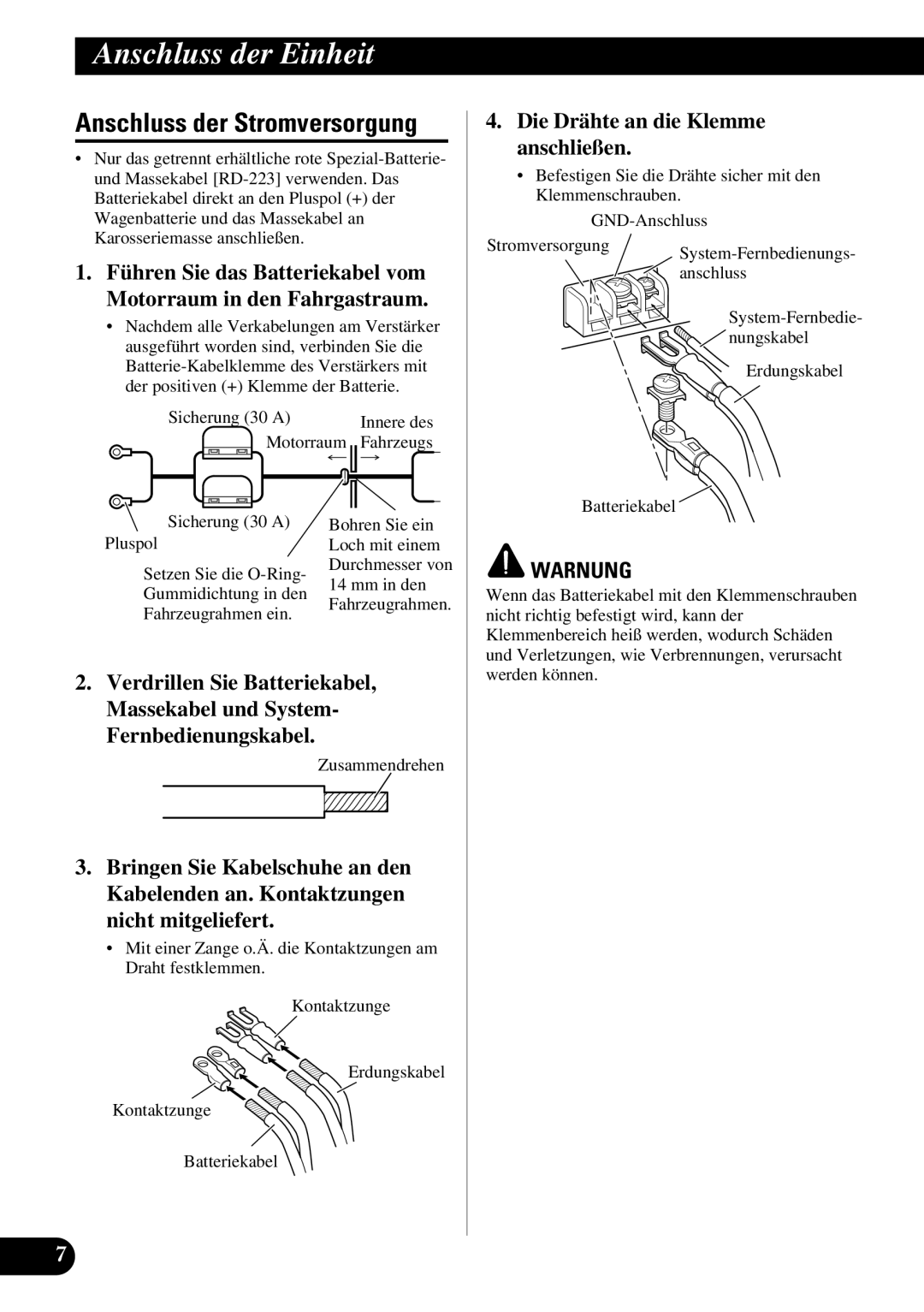 Pioneer PRS-A500 owner manual Anschluss der Stromversorgung, Die Drähte an die Klemme anschließen, Warnung, Zusammendrehen 