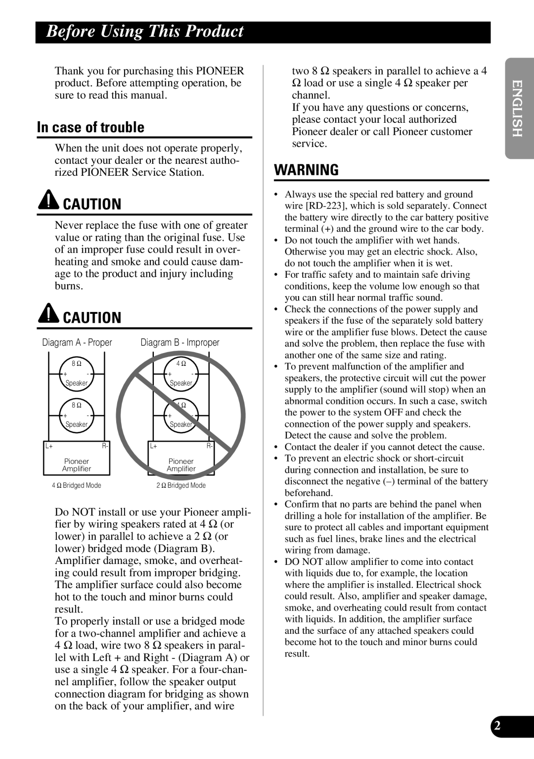 Pioneer PRS-A500 owner manual Before Using This Product, Case of trouble 