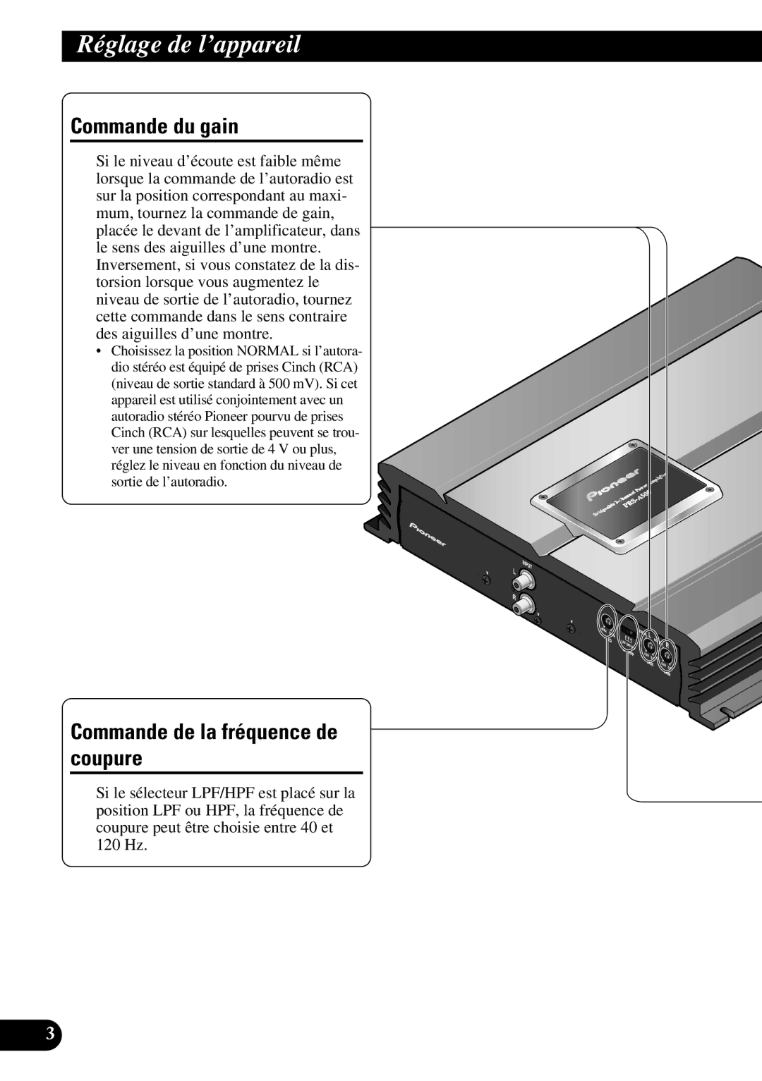 Pioneer PRS-A500 owner manual Réglage de l’appareil, Commande du gain, Commande de la fréquence de coupure 