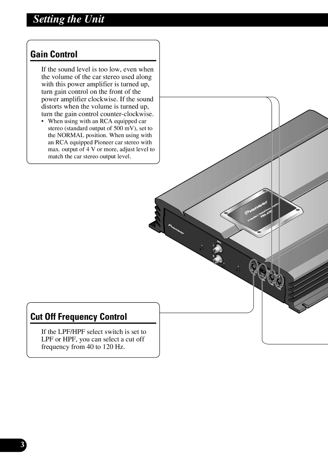 Pioneer PRS-A500 owner manual Setting the Unit, Gain Control, Cut Off Frequency Control 