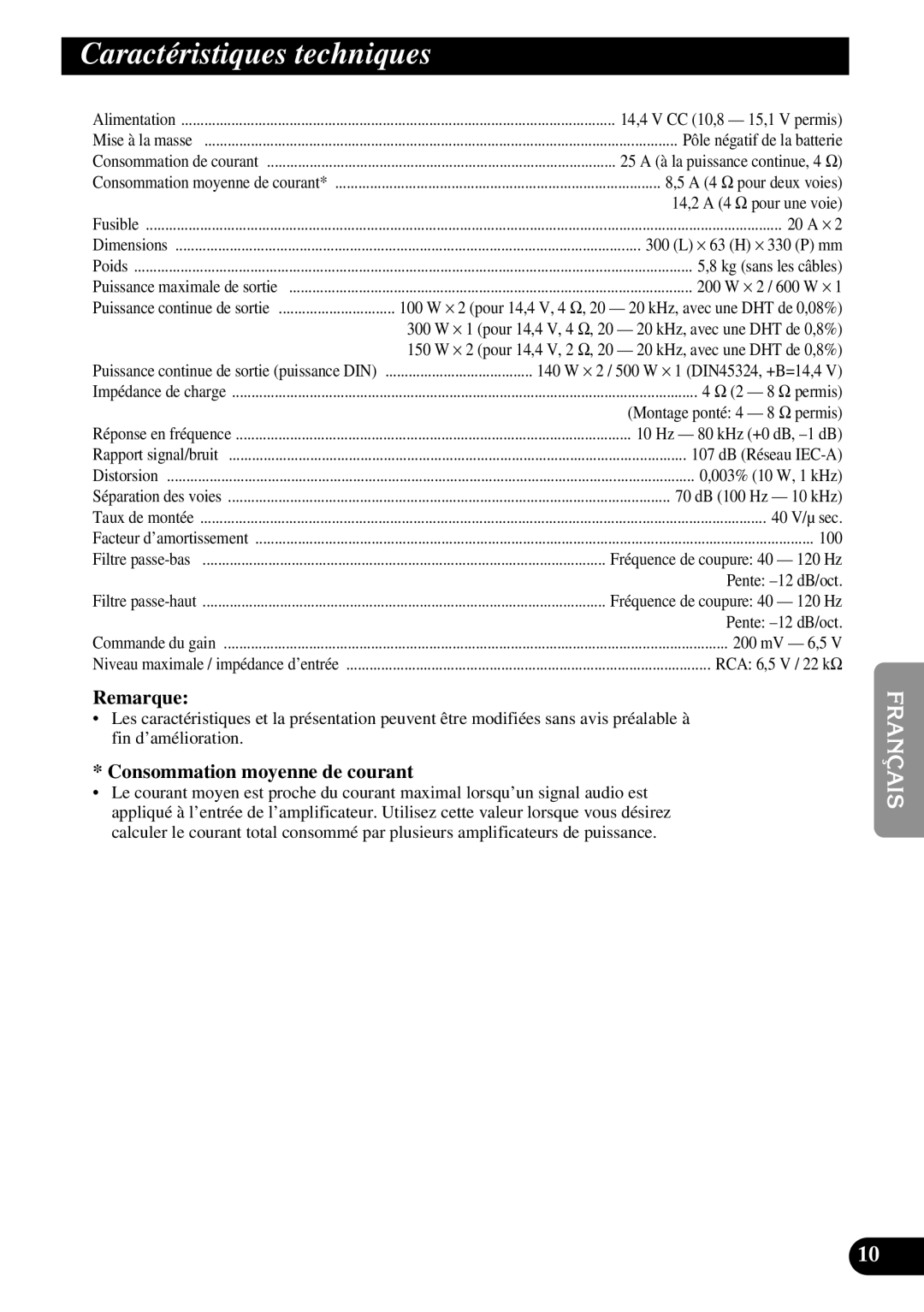 Pioneer PRS-A500 owner manual Caractéristiques techniques, Remarque, Consommation moyenne de courant 