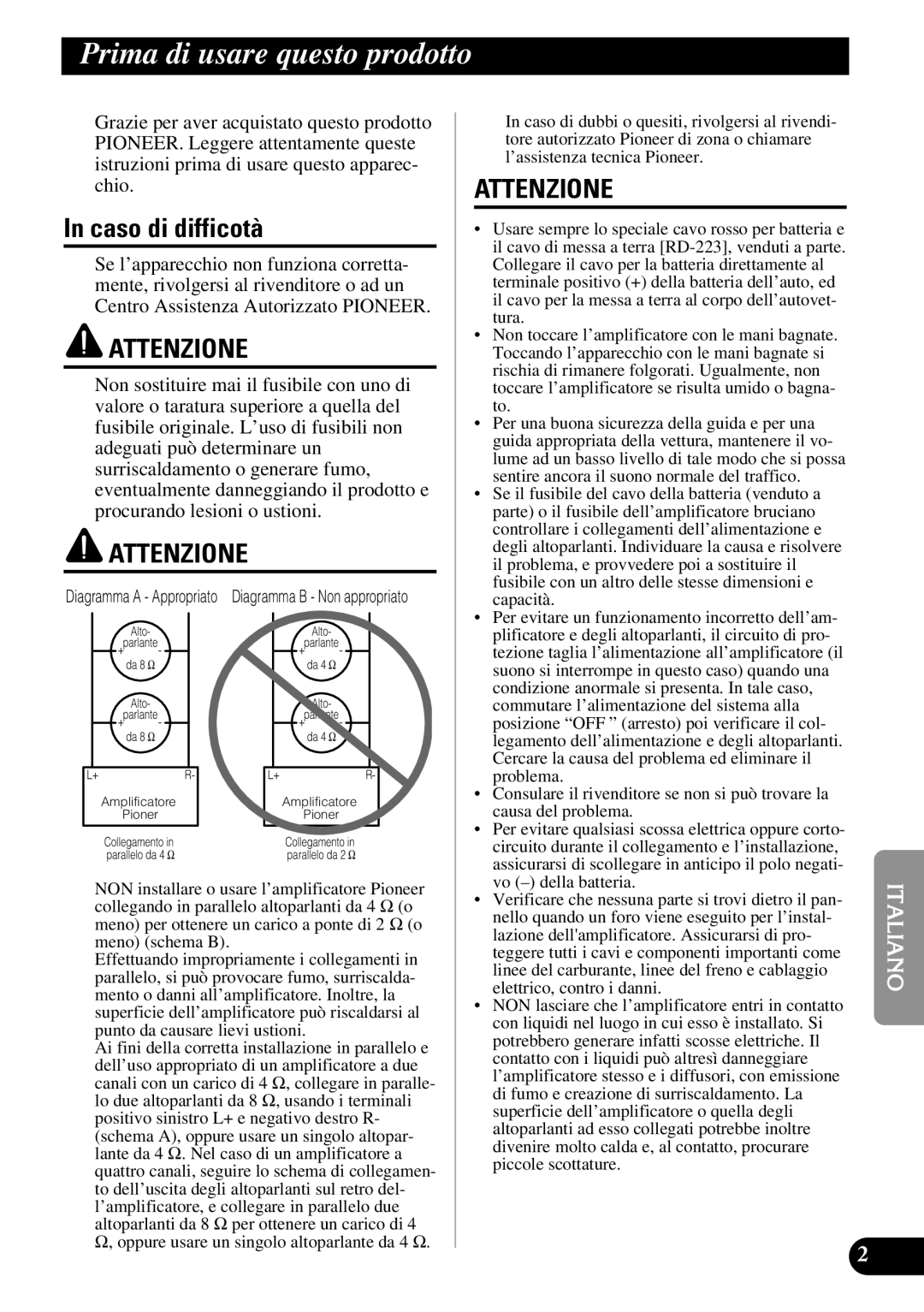 Pioneer PRS-A500 owner manual Prima di usare questo prodotto, Caso di difficotà 