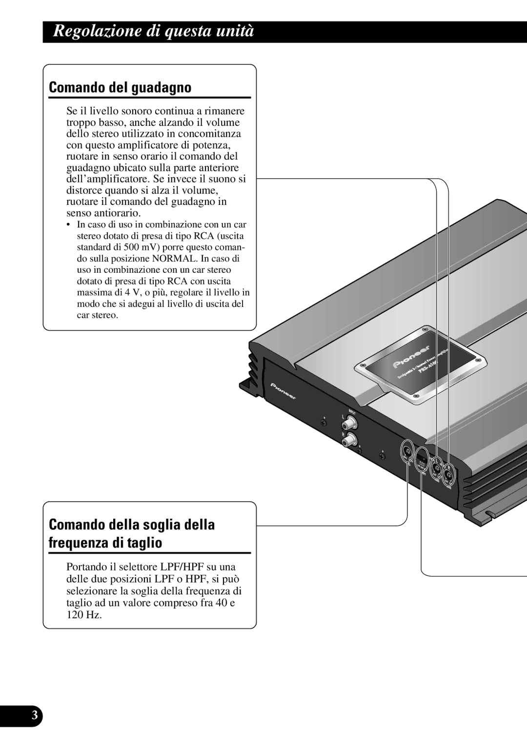 Pioneer PRS-A500 Regolazione di questa unità, Comando del guadagno, Comando della soglia della frequenza di taglio 