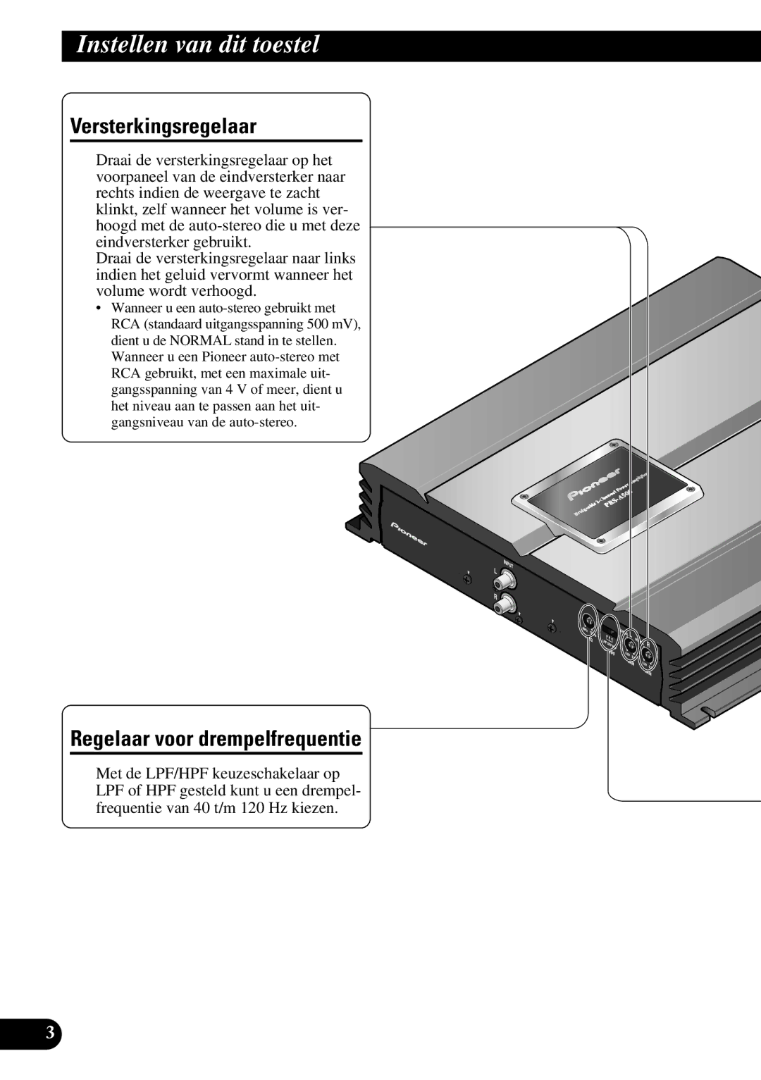 Pioneer PRS-A500 owner manual Instellen van dit toestel, Versterkingsregelaar, Regelaar voor drempelfrequentie 