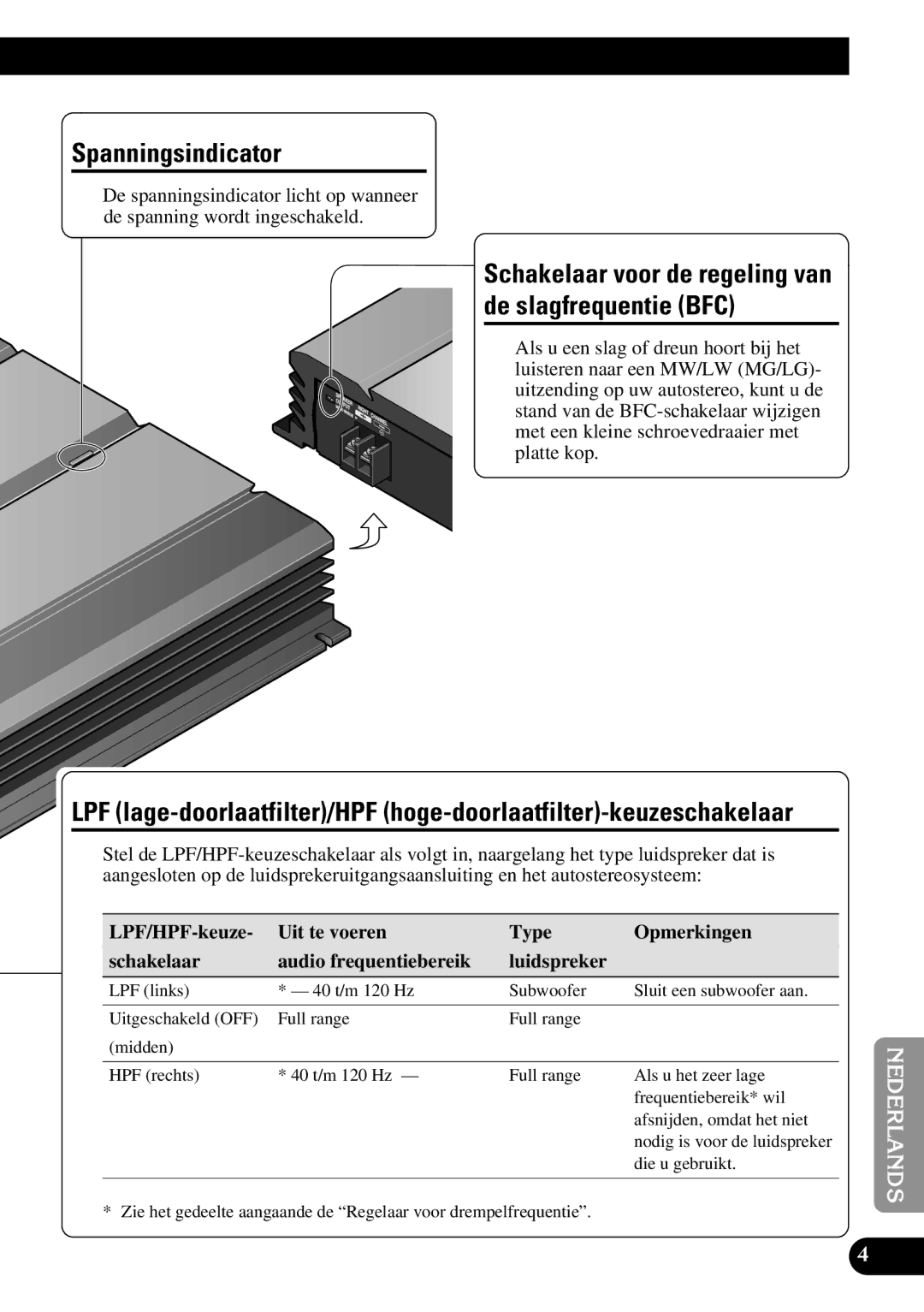 Pioneer PRS-A500 owner manual Spanningsindicator, Schakelaar voor de regeling van de slagfrequentie BFC, Die u gebruikt 