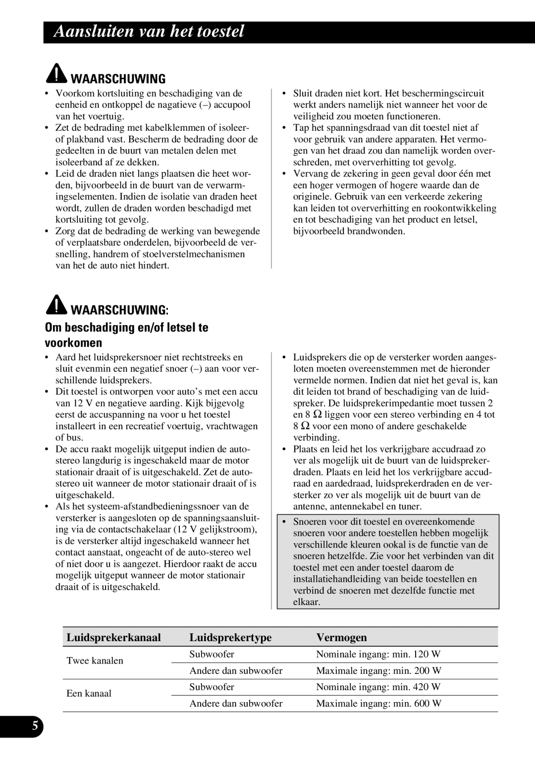 Pioneer PRS-A500 owner manual Aansluiten van het toestel, Waarschuwing, Om beschadiging en/of letsel te voorkomen 