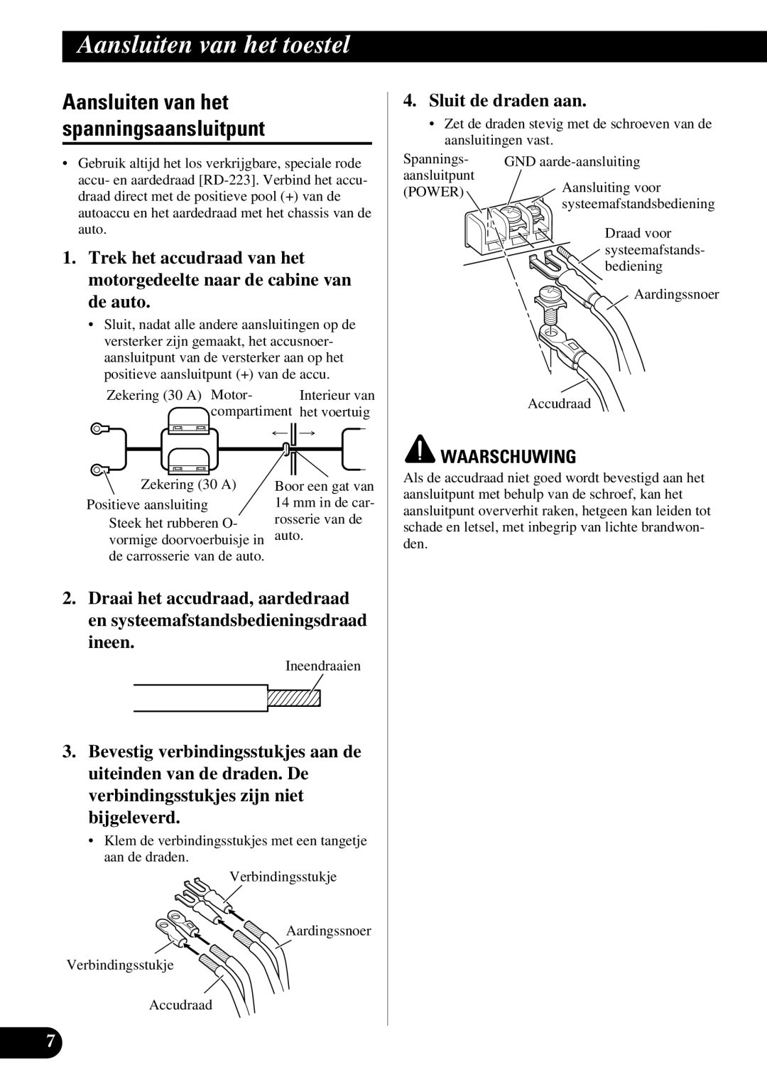 Pioneer PRS-A500 owner manual Aansluiten van het spanningsaansluitpunt, Sluit de draden aan 