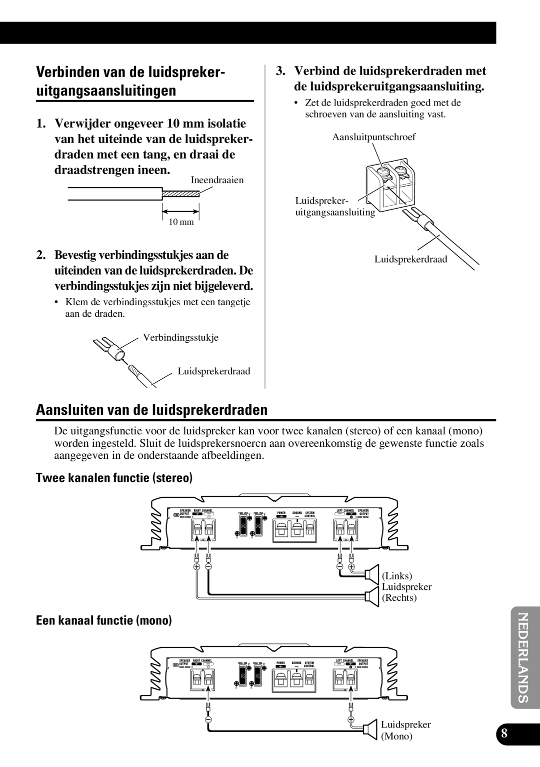 Pioneer PRS-A500 owner manual Aansluiten van de luidsprekerdraden, Verbinden van de luidspreker- uitgangsaansluitingen 