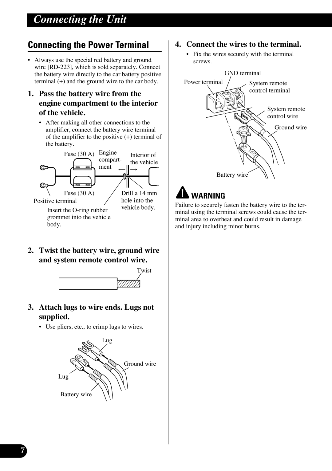 Pioneer PRS-A500 owner manual Connecting the Power Terminal, Attach lugs to wire ends. Lugs not supplied 