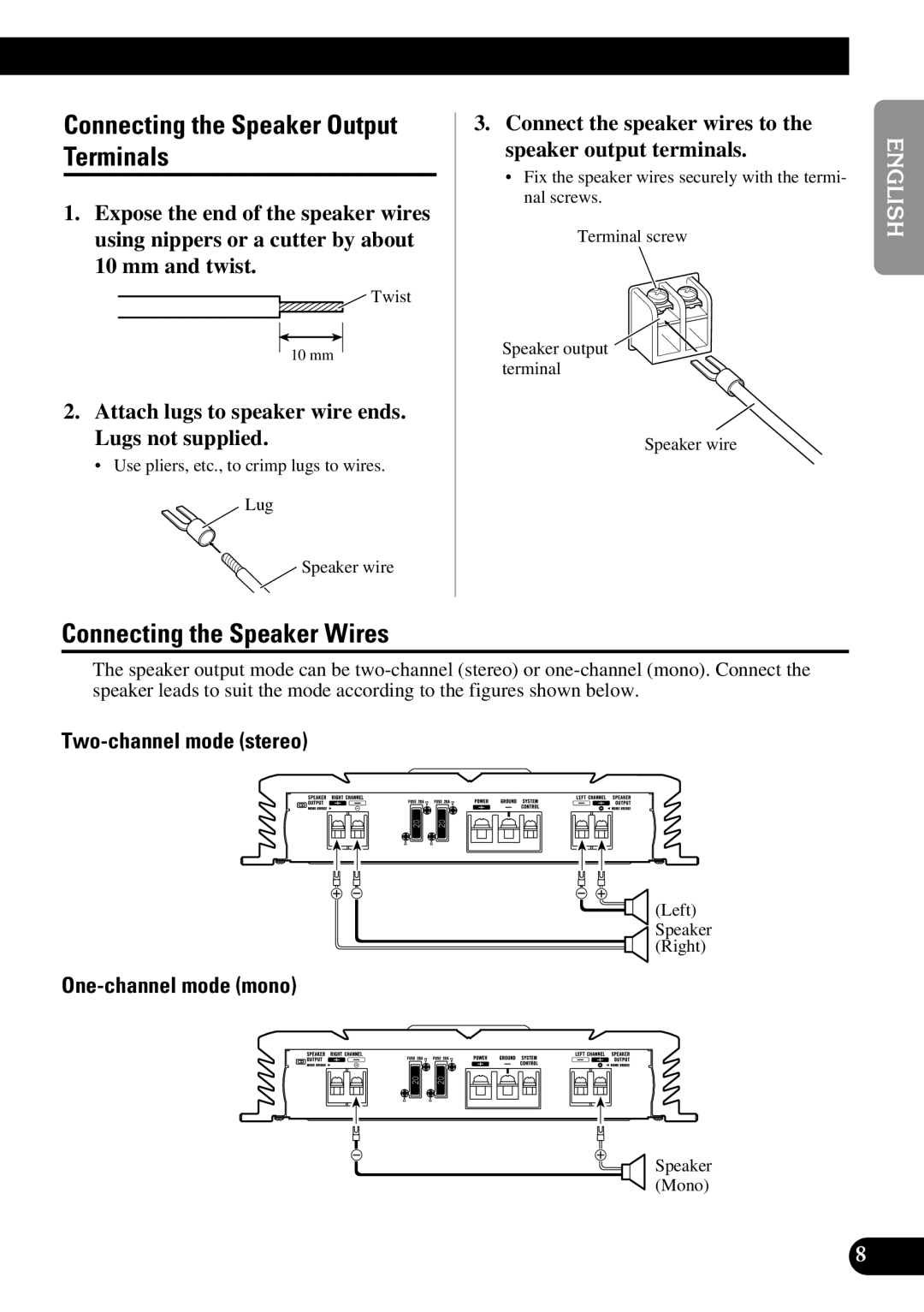 Pioneer PRS-A500 Connecting the Speaker Output Terminals, Connecting the Speaker Wires, Two-channel mode stereo 