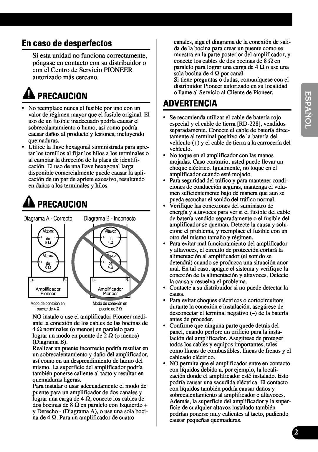 Pioneer PRS-A900 owner manual En caso de desperfectos, Precaucion, Advertencia 
