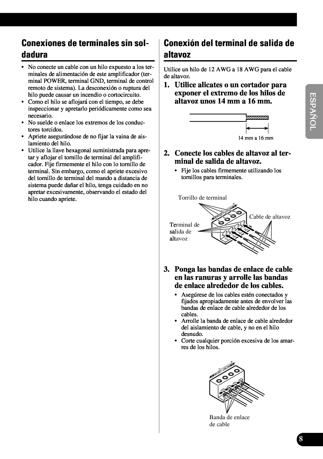 Pioneer PRS-A900 owner manual Conexiones de terminales sin sol- dadura, Conexión del terminal de salida de altavoz 