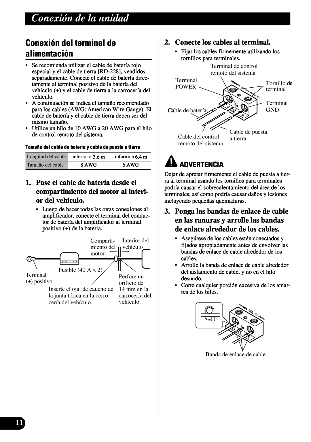 Pioneer PRS-A900 owner manual Conexión del terminal de alimentación, Advertencia, Conexión de la unidad 