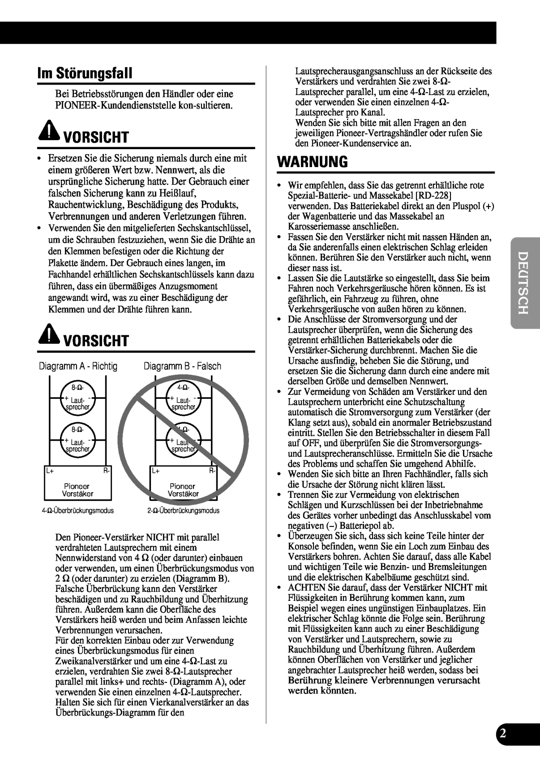 Pioneer PRS-A900 owner manual Im Störungsfall, Vorsicht, Warnung, Diagramm A - Richtig, Diagramm B - Falsch 