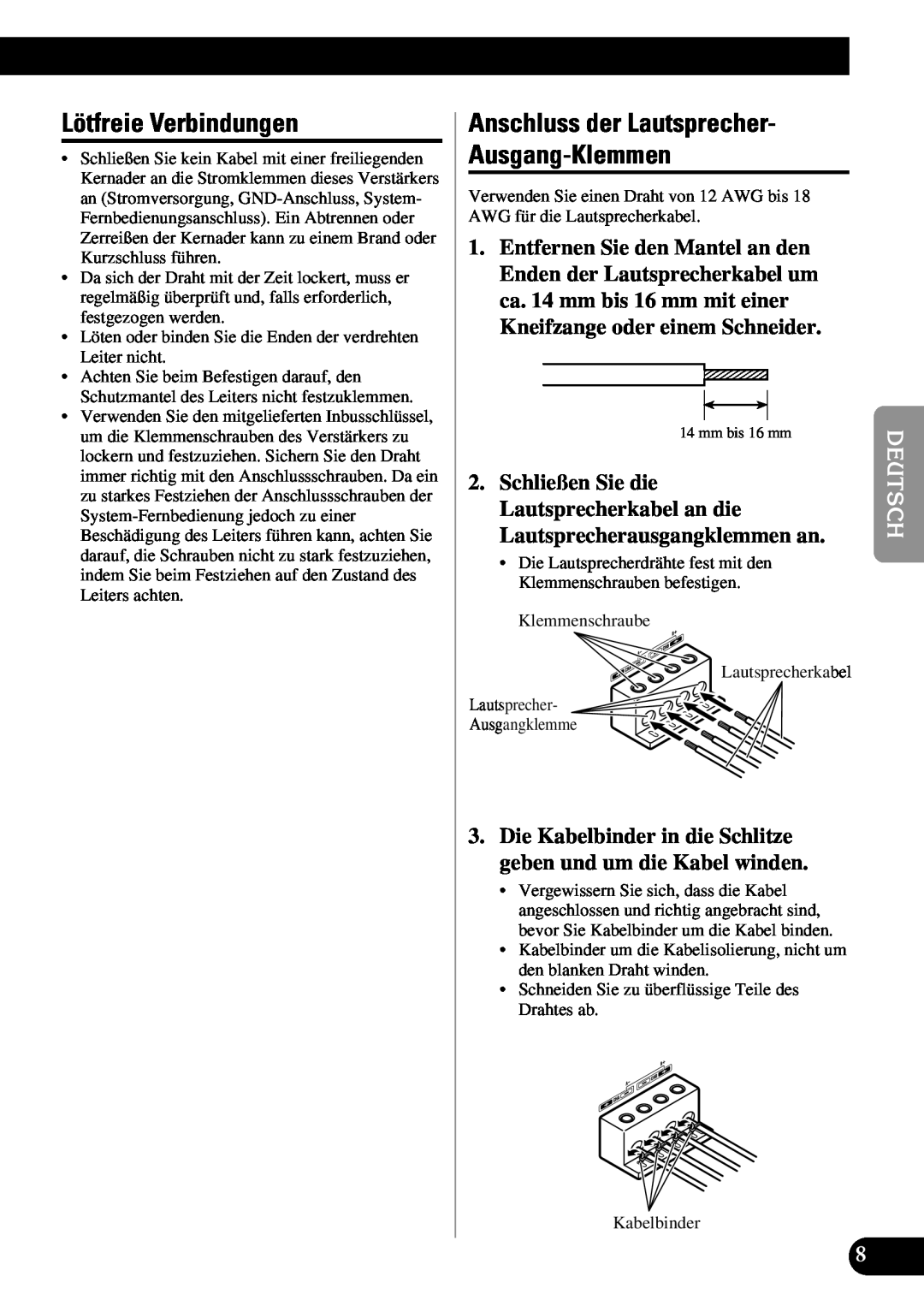 Pioneer PRS-A900 owner manual Lötfreie Verbindungen, Anschluss der Lautsprecher- Ausgang-Klemmen 