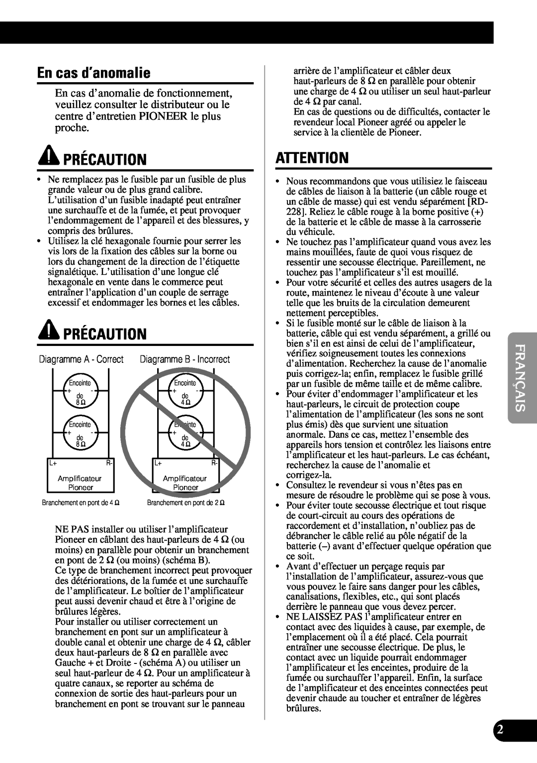 Pioneer PRS-A900 owner manual En cas d’anomalie, Précaution 