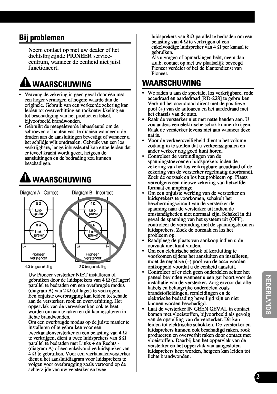 Pioneer PRS-A900 owner manual Bij problemen, Waarschuwing 