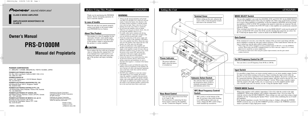 Pioneer PRS-D1000M owner manual English Français Español 