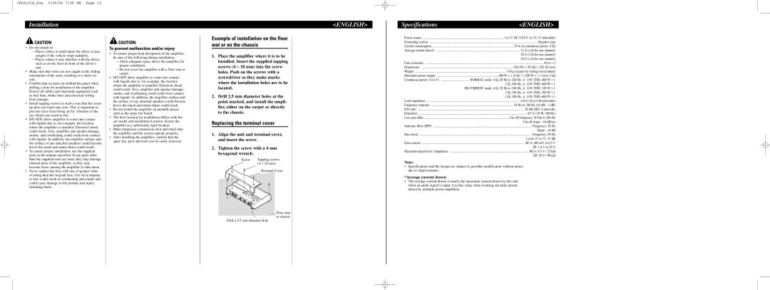 Pioneer PRS-D1000M owner manual Installation, Specifications, Example of installation on the floor mat or on the chassis 