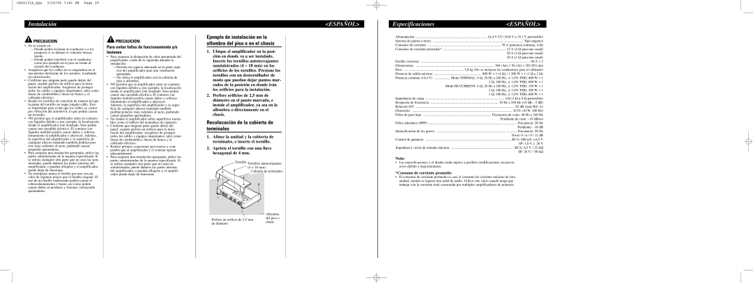 Pioneer PRS-D1000M Instalación, Especificaciones, Recolocación de la cubierta de terminales, Consumo de corriente promedio 