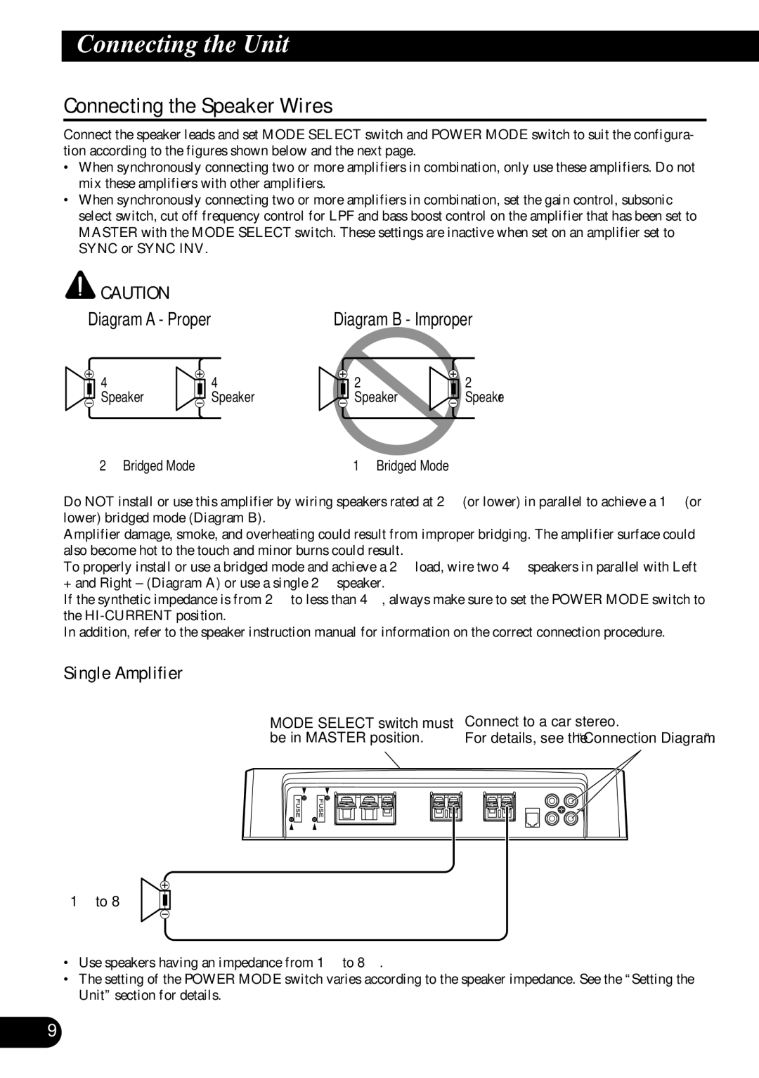 Pioneer PRS-D1000M owner manual Connecting the Speaker Wires, Single Amplifier, Bridged Mode 