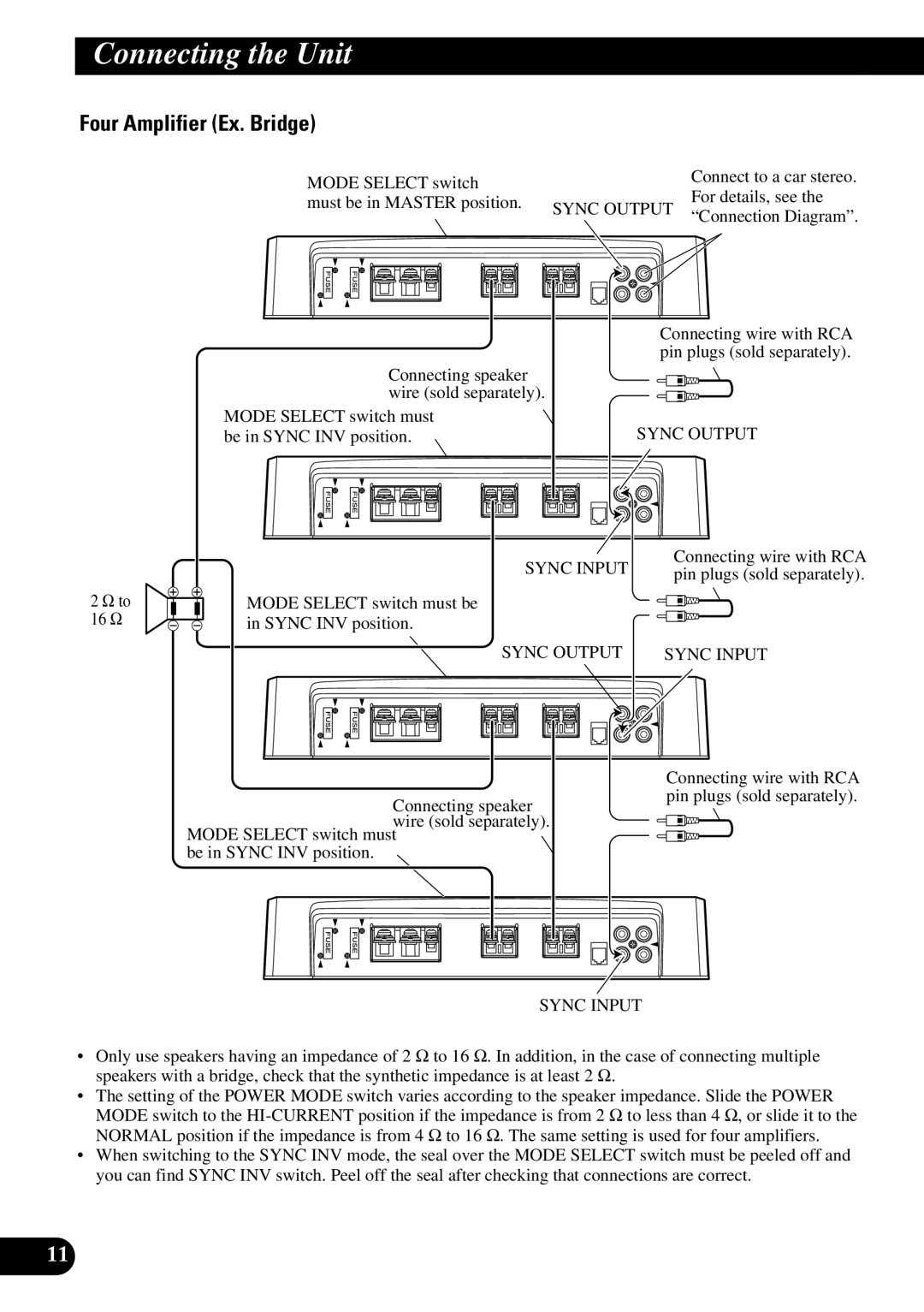 Pioneer PRS-D1000M owner manual Four Amplifier Ex. Bridge, Must be in Master position, 16 Ω, Be in Sync INV position 