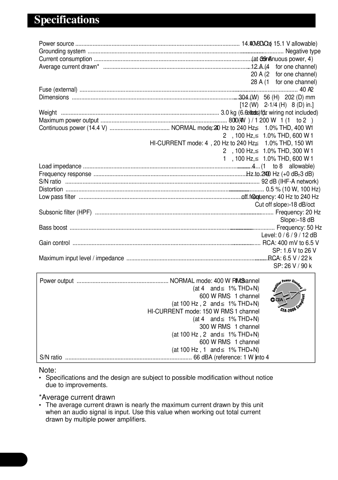 Pioneer PRS-D1000M owner manual Specifications 