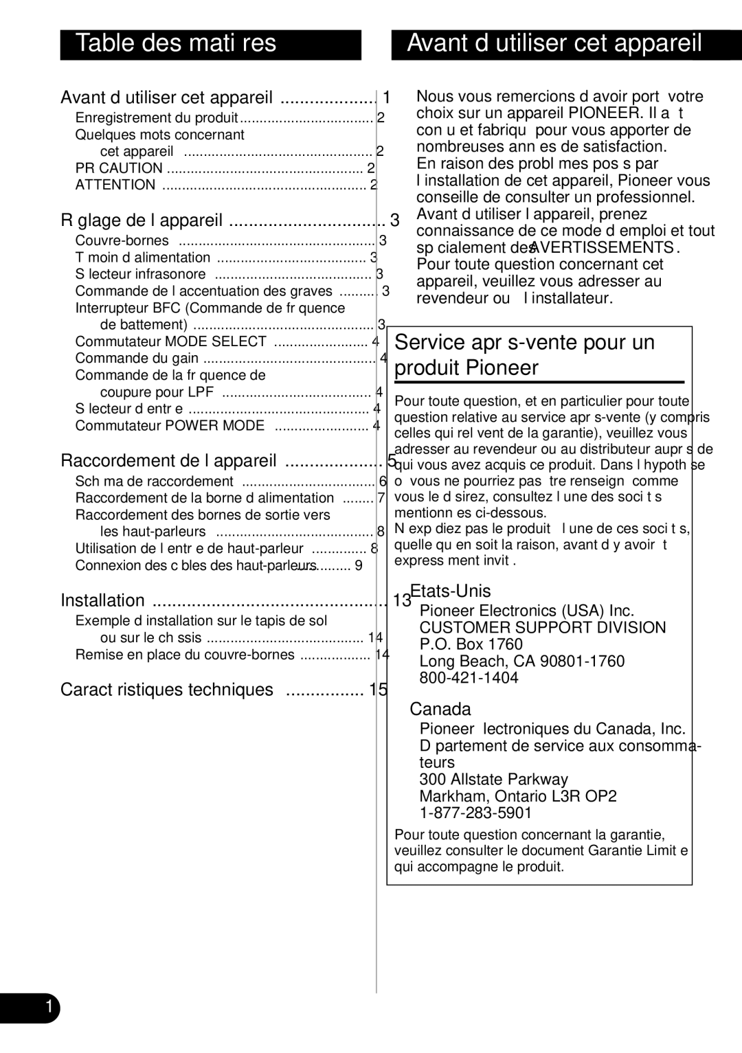 Pioneer PRS-D1000M Table des matières, Avant d’utiliser cet appareil, Service après-vente pour un produit Pioneer, Canada 