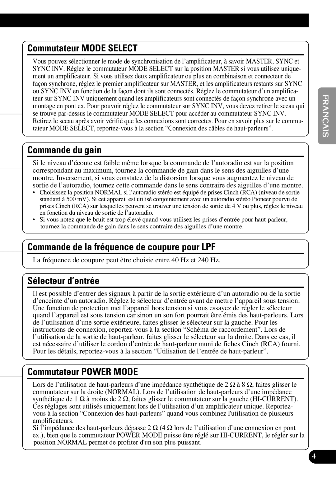 Pioneer PRS-D1000M owner manual Commutateur Mode Select, Commande du gain, Commande de la fréquence de coupure pour LPF 