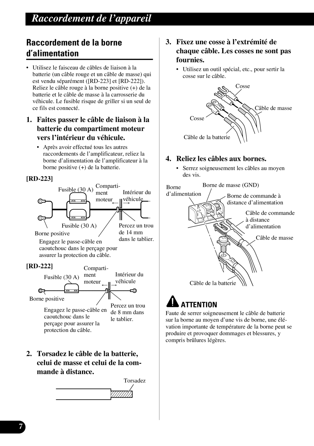 Pioneer PRS-D1000M owner manual Raccordement de la borne d’alimentation 