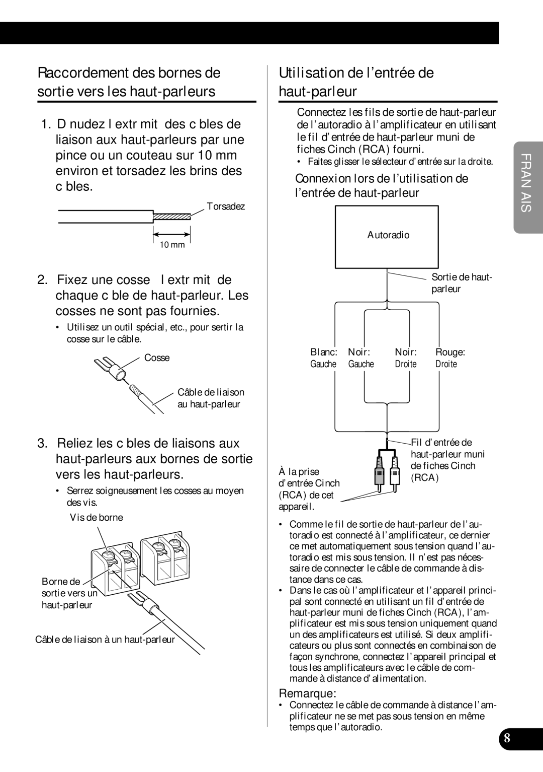 Pioneer PRS-D1000M Utilisation de l’entrée de haut-parleur, Raccordement des bornes de sortie vers les haut-parleurs 