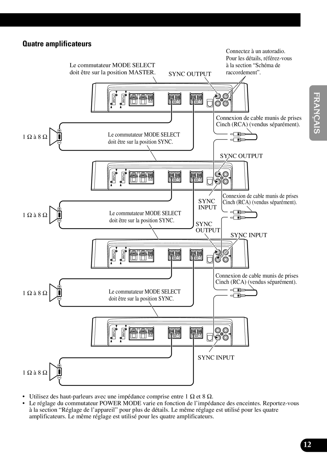 Pioneer PRS-D1000M owner manual Quatre amplificateurs, Le commutateur Mode Select Doit être sur la position Master 