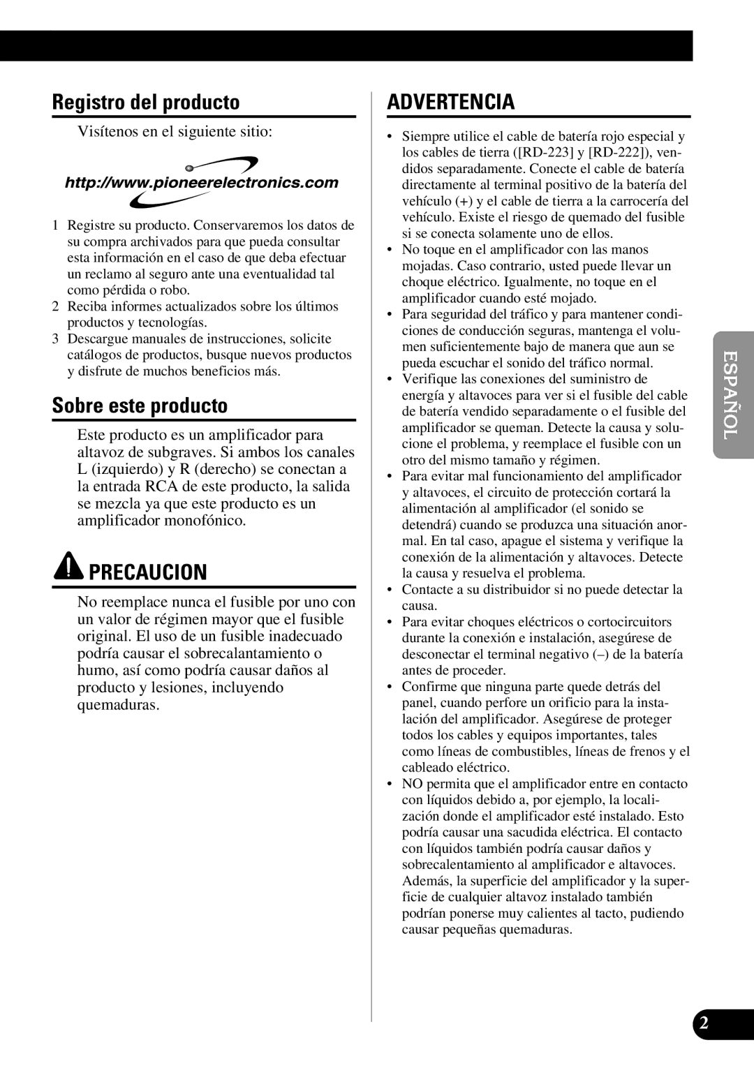 Pioneer PRS-D1000M Registro del producto, Sobre este producto, Contacte a su distribuidor si no puede detectar la causa 