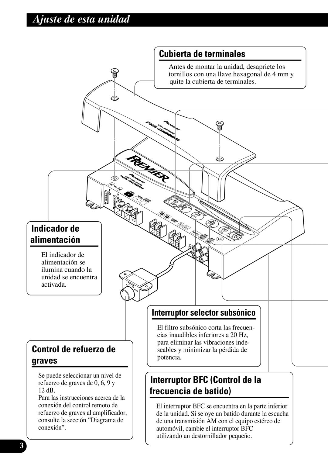 Pioneer PRS-D1000M owner manual Ajuste de esta unidad, Control de refuerzo de graves, Cubierta de terminales 