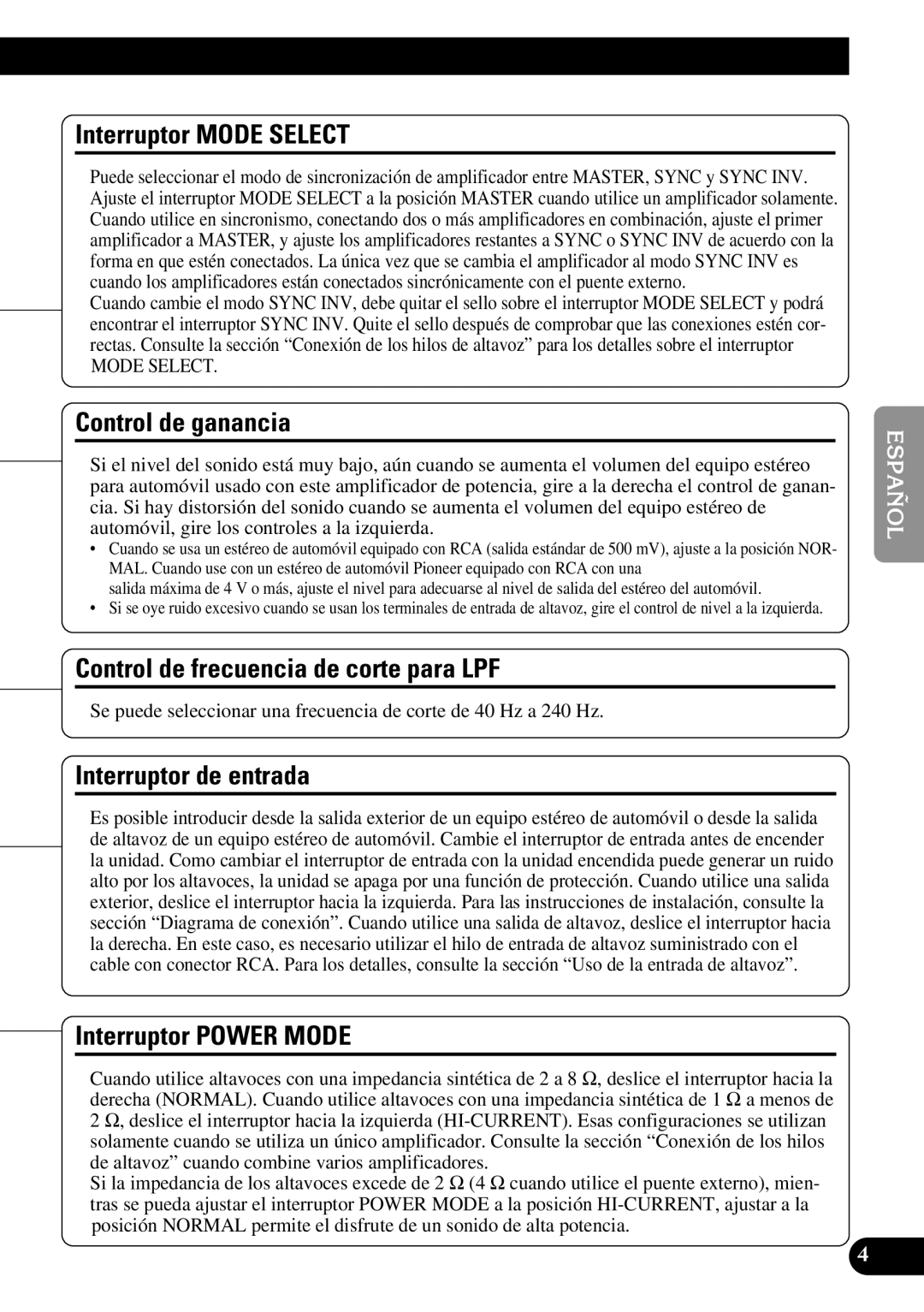 Pioneer PRS-D1000M owner manual Interruptor Mode Select, Control de ganancia, Control de frecuencia de corte para LPF 