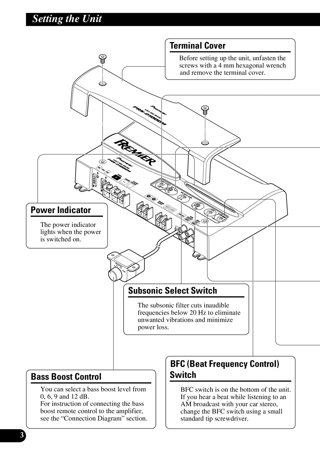 Pioneer PRS-D1000M Setting the Unit, Terminal Cover, Power Indicator, Subsonic Select Switch, Bass Boost Control Switch 