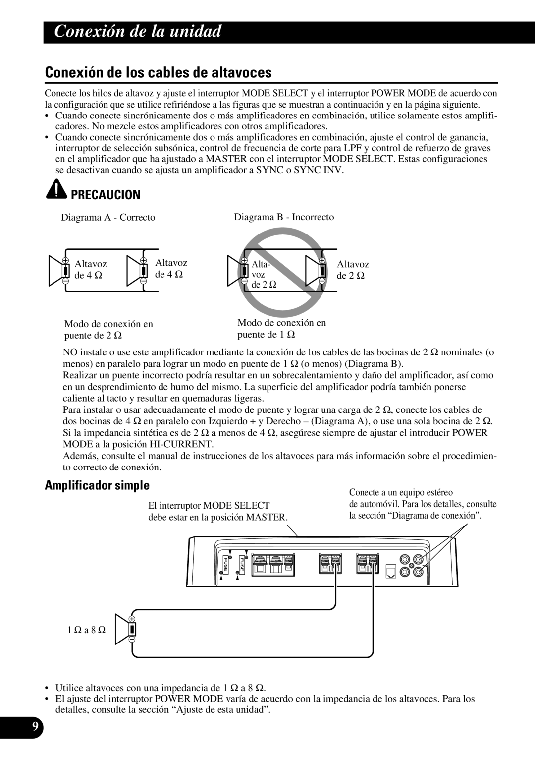 Pioneer PRS-D1000M Conexión de los cables de altavoces, Amplificador simple, Diagrama a Correcto, De 4 Ω Voz De 2 Ω 