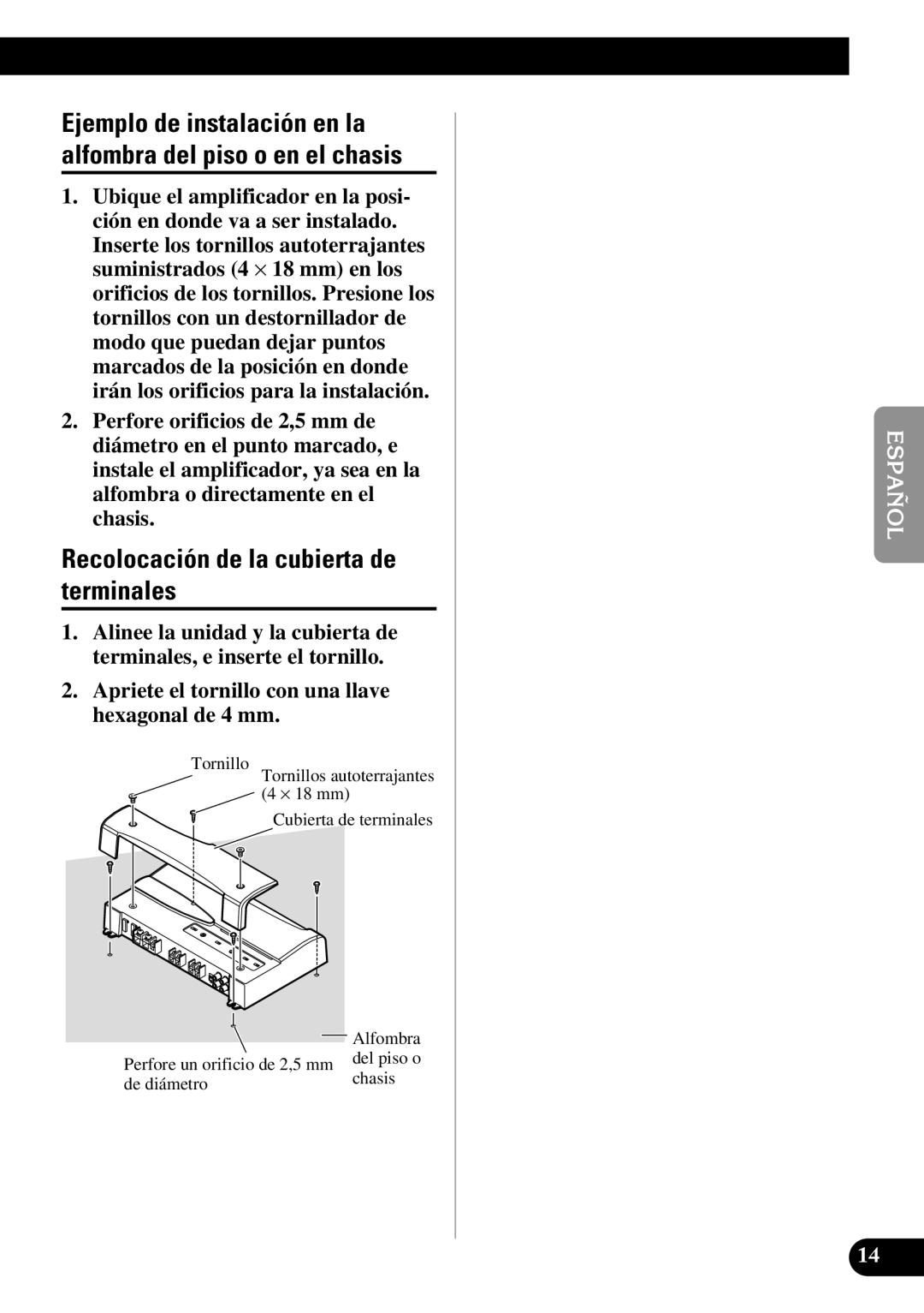 Pioneer PRS-D1000M owner manual Recolocación de la cubierta de terminales, Cubierta de terminales, Chasis, De diámetro 