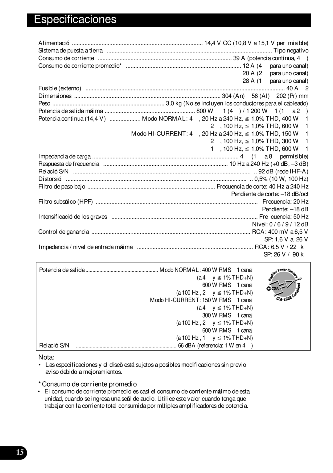 Pioneer PRS-D1000M owner manual Especificaciones 