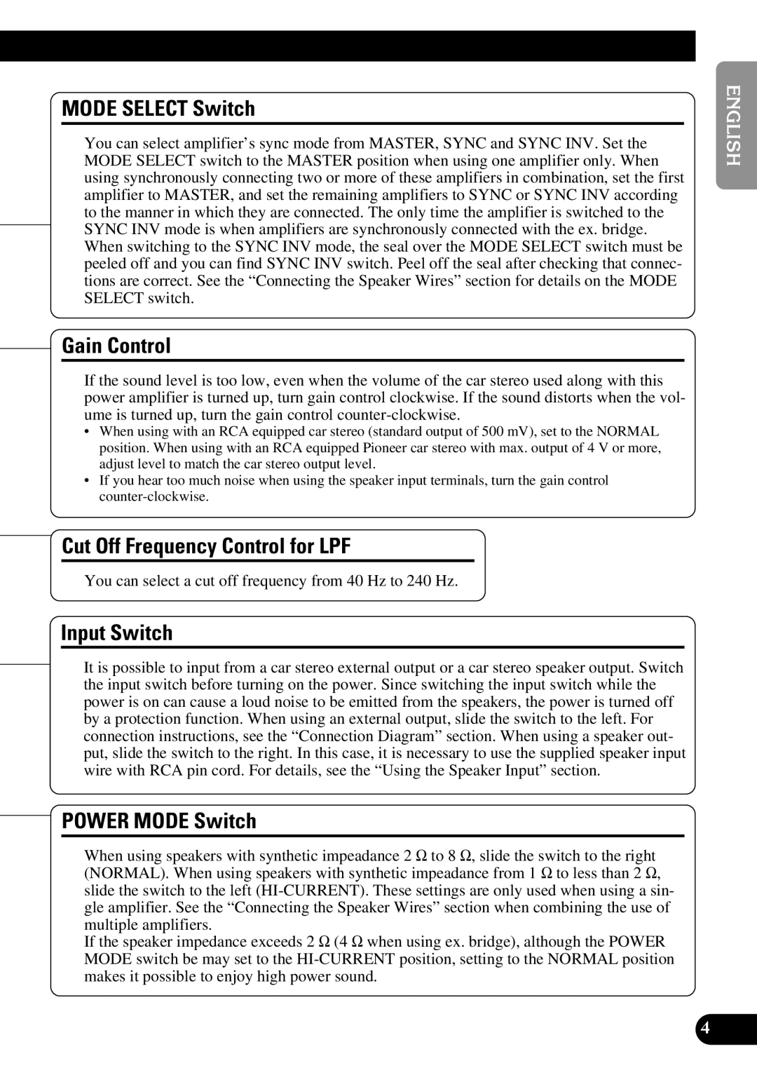 Pioneer PRS-D1000M Mode Select Switch, Gain Control, Cut Off Frequency Control for LPF, Input Switch, Power Mode Switch 