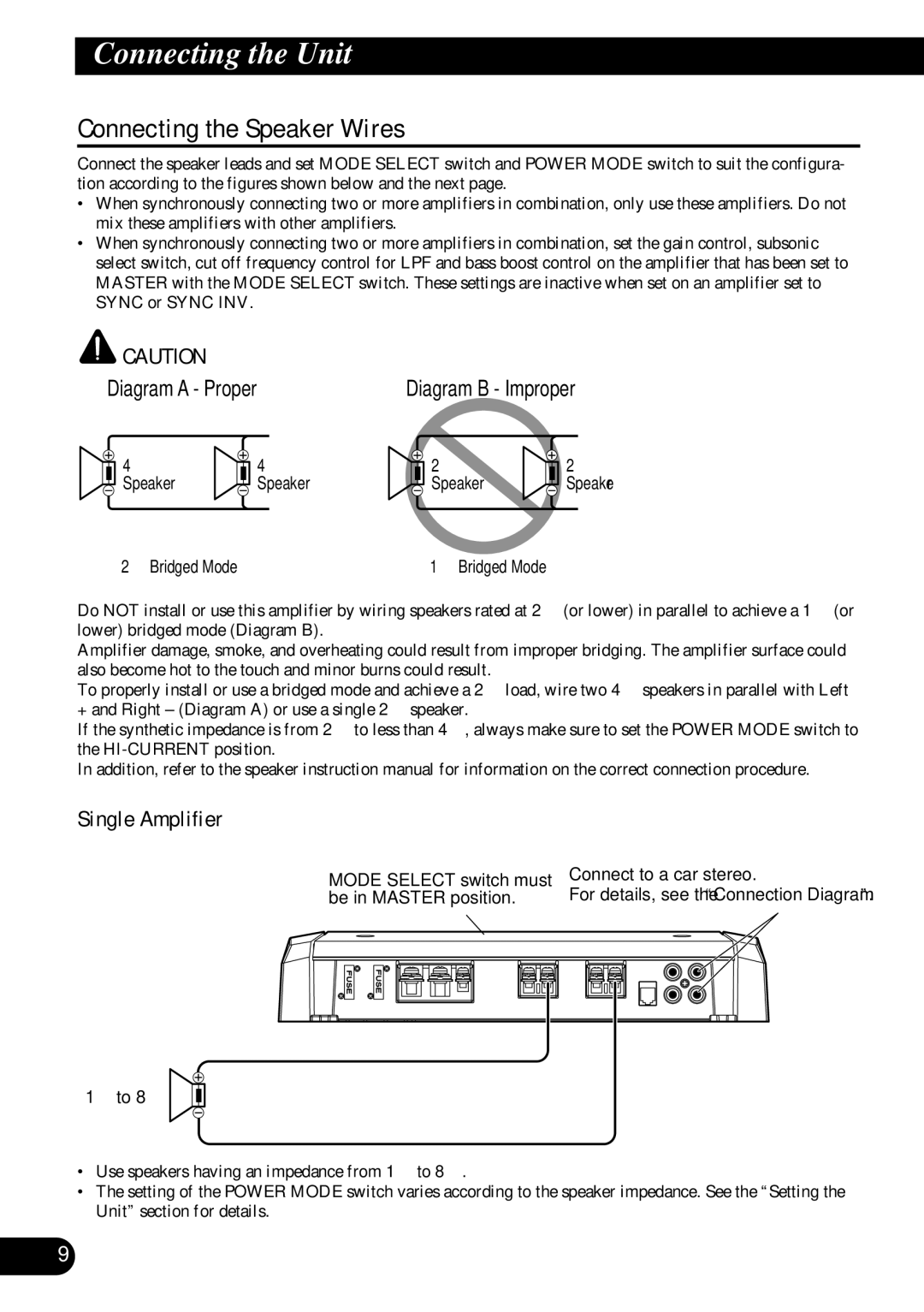 Pioneer PRS-D1100M owner manual Connecting the Speaker Wires, Single Amplifier 