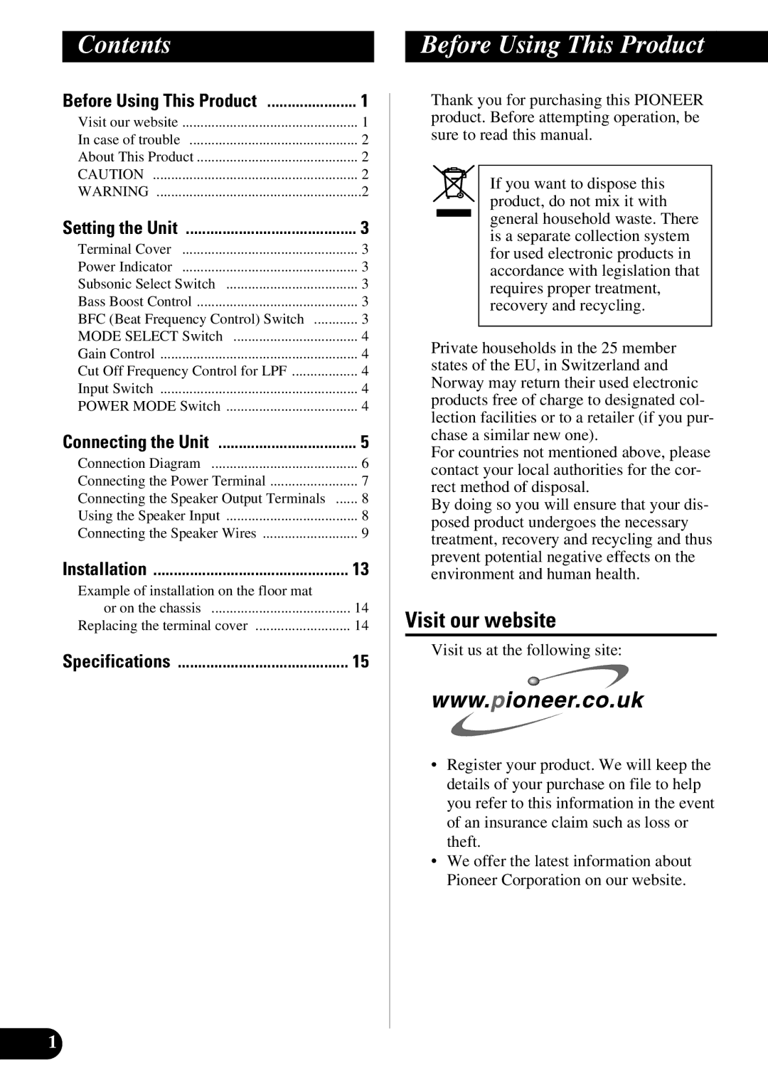 Pioneer PRS-D1100M owner manual Contents, Before Using This Product 