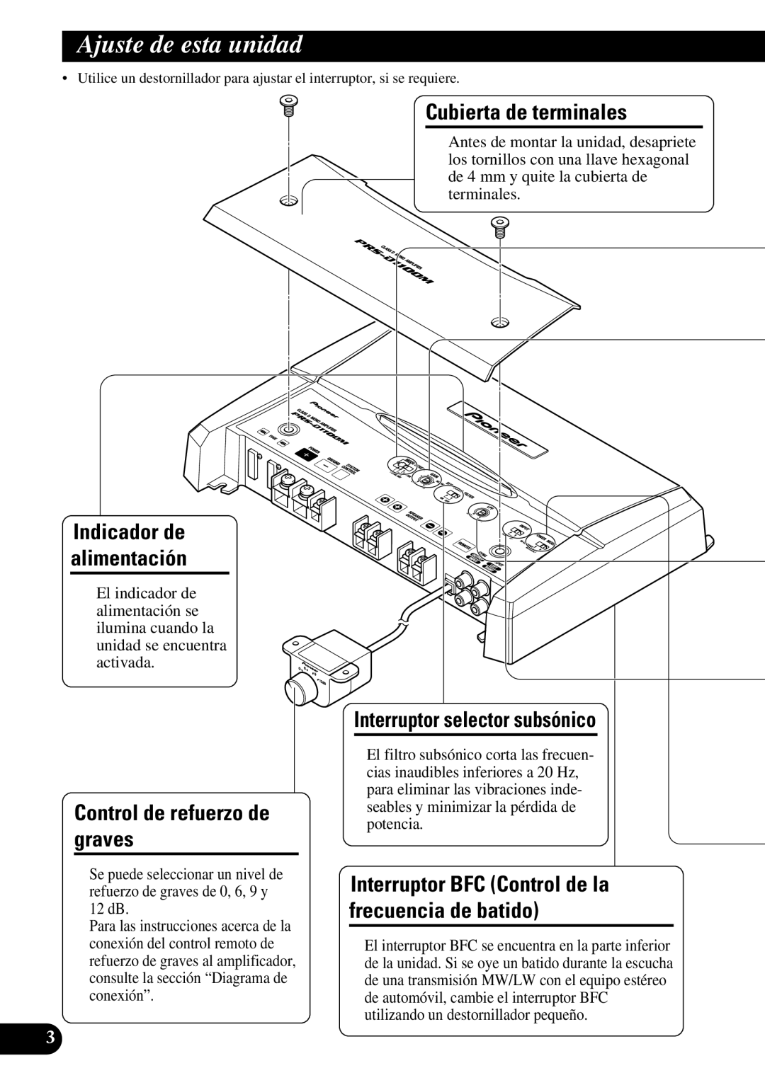 Pioneer PRS-D1100M owner manual Ajuste de esta unidad, Control de refuerzo de graves, Cubierta de terminales 