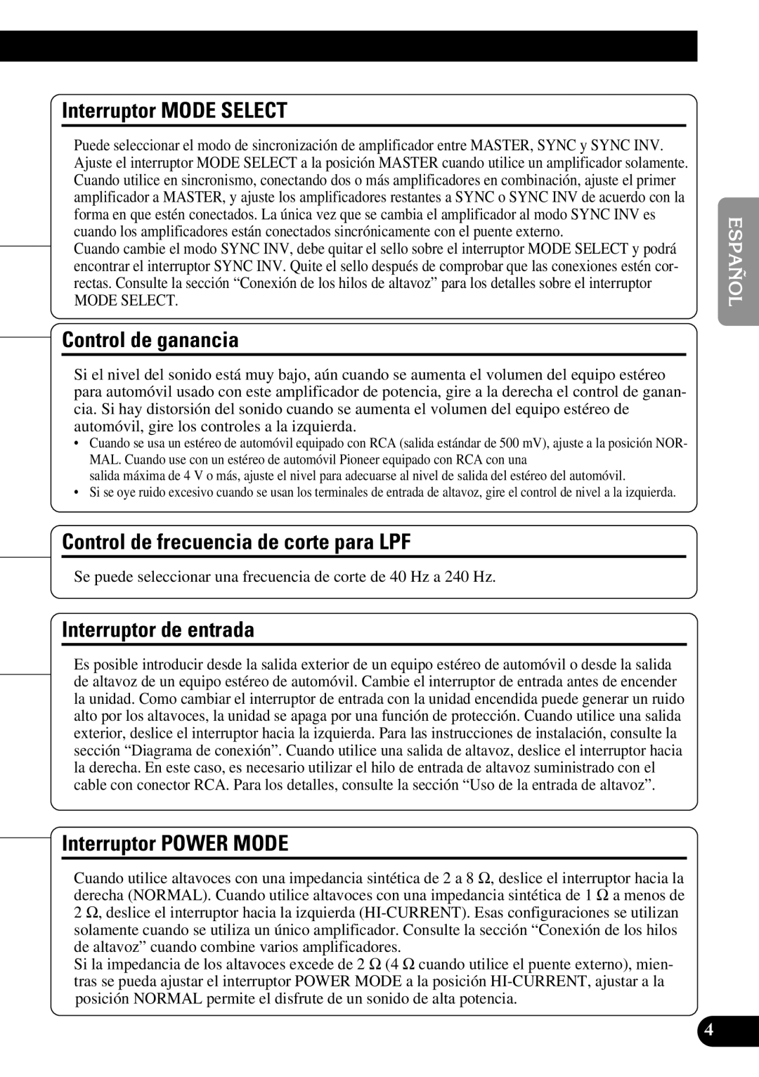 Pioneer PRS-D1100M owner manual Interruptor Mode Select, Control de ganancia, Control de frecuencia de corte para LPF 