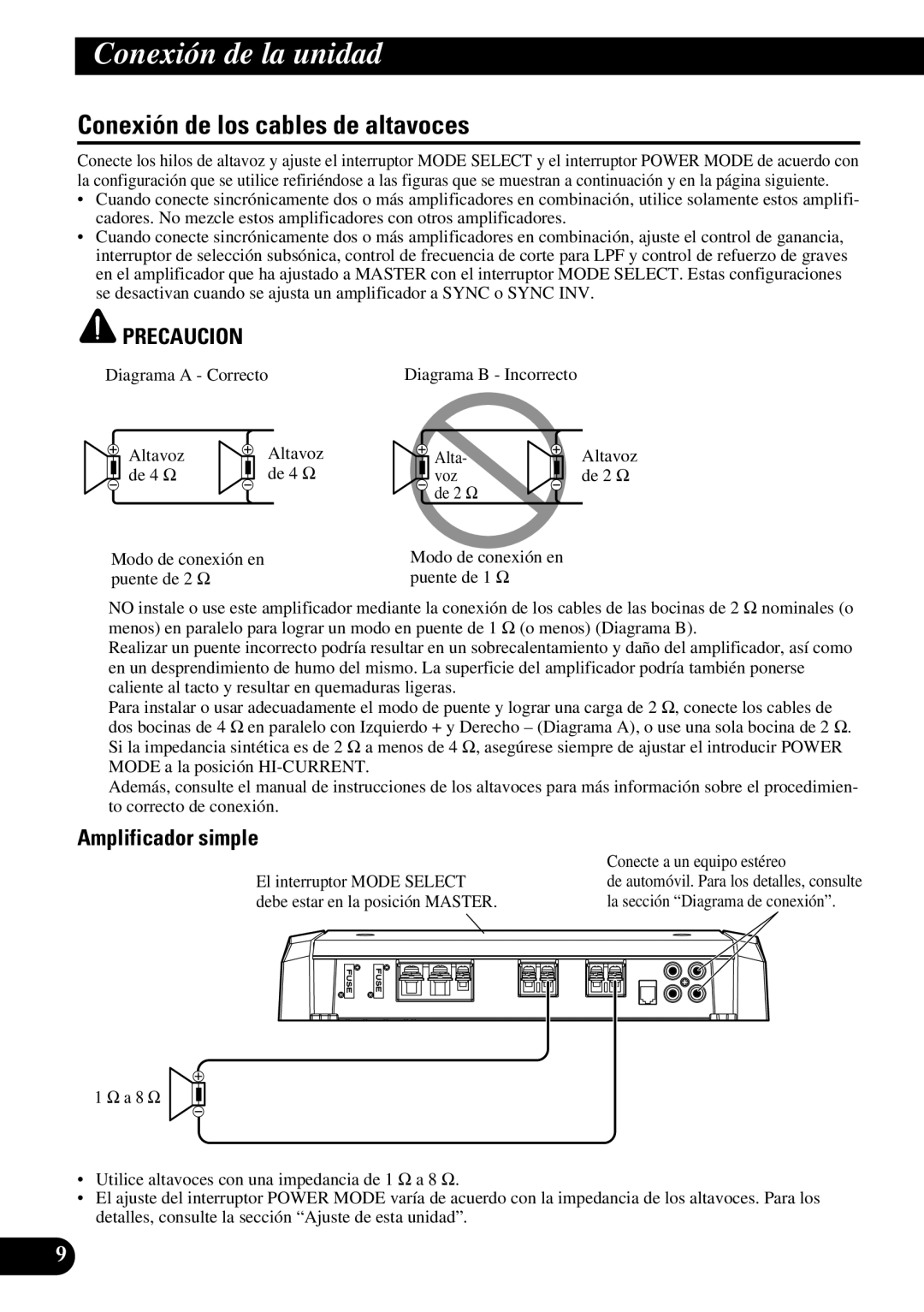 Pioneer PRS-D1100M owner manual Conexión de los cables de altavoces, Amplificador simple 