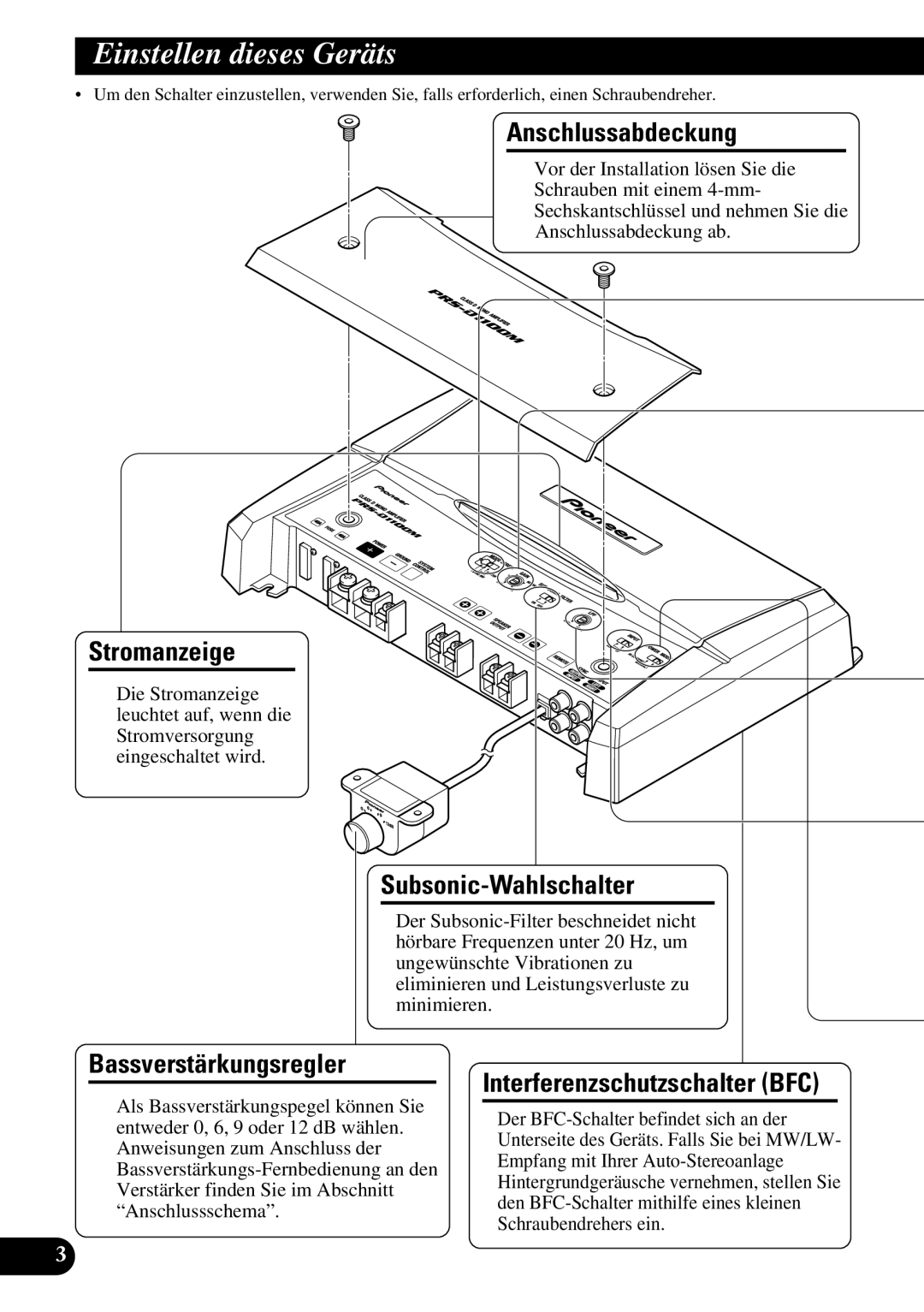 Pioneer PRS-D1100M owner manual Einstellen dieses Geräts, Anschlussabdeckung, Stromanzeige, Subsonic-Wahlschalter 