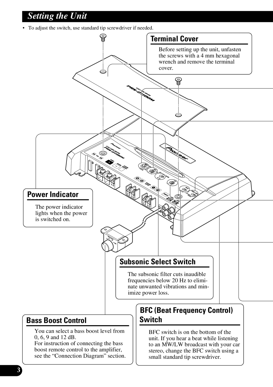 Pioneer PRS-D1100M Setting the Unit, Terminal Cover, Power Indicator, Subsonic Select Switch, Bass Boost Control Switch 