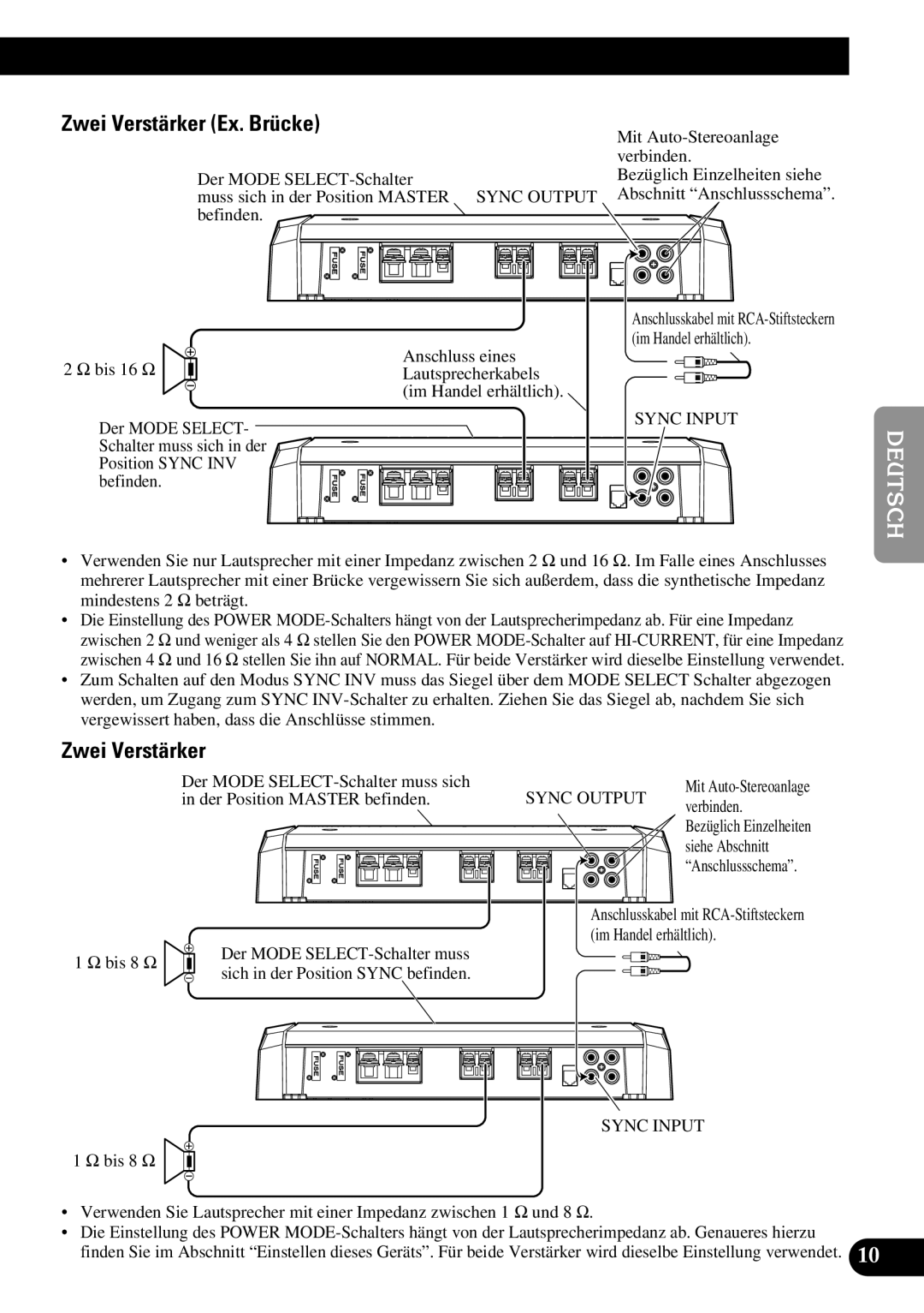 Pioneer PRS-D1100M owner manual Zwei Verstärker Ex. Brücke 